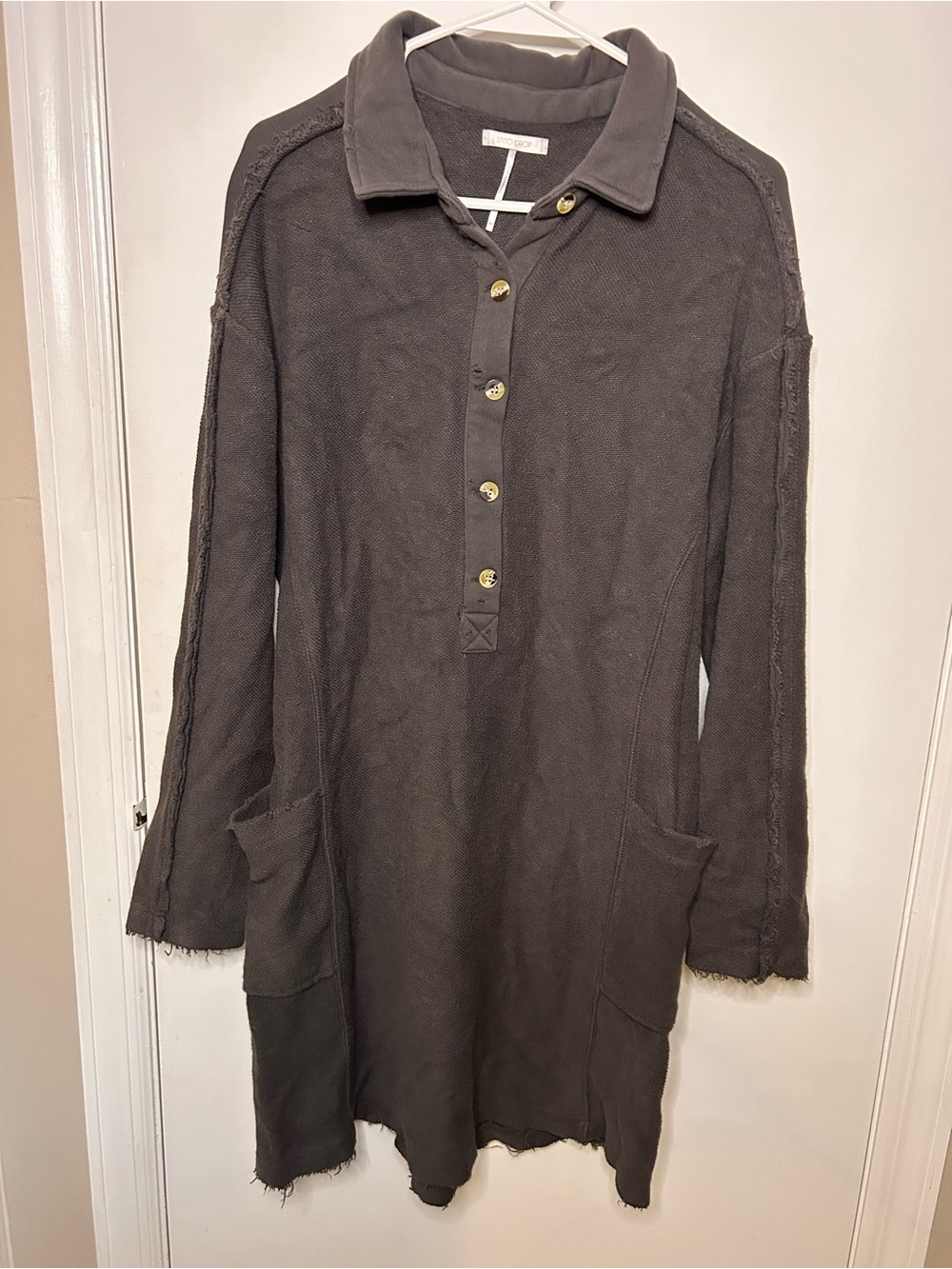 STITCHDROP BLACK RELAXED POLO STYLE SHIRT DRESS WITH LARGE POCKETS SZ MEDIUM